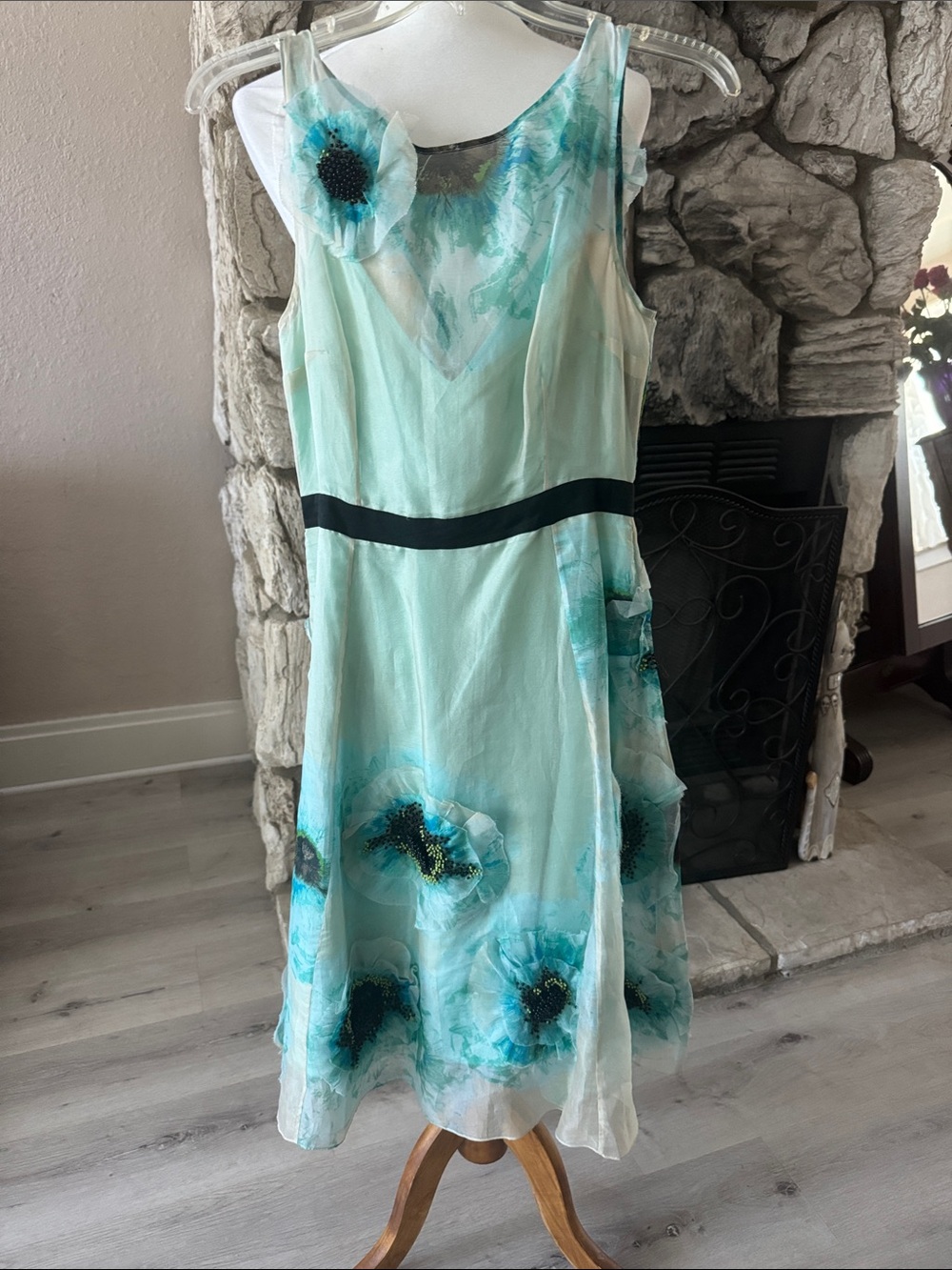 Sleeveless Light Aqua Floral Midi Dress with Black Waistband